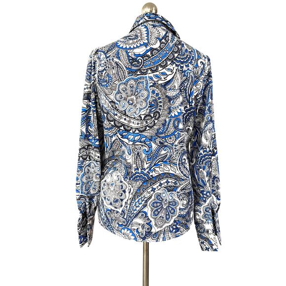 Long Sleeve blue white black paisley blouse shirt top M classic button front - Picture 6 of 8